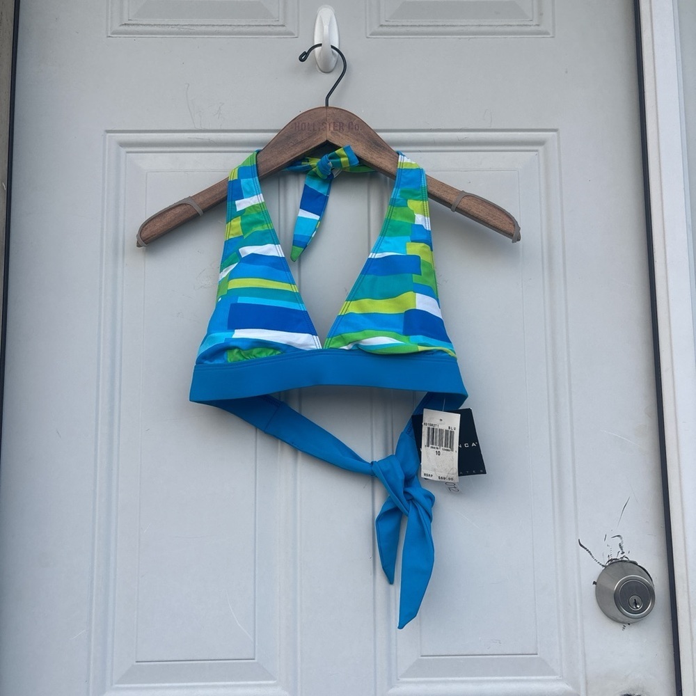 La Blanca Blue, Green & White Striped Girls' Halter Swim Top